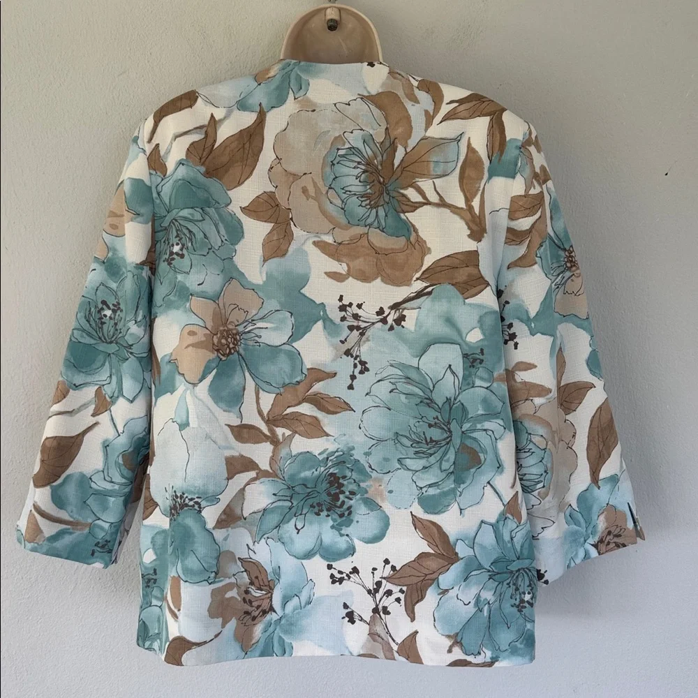 Vintage Alfred Dunner blue tan floral print drape style blazer jacket size 8